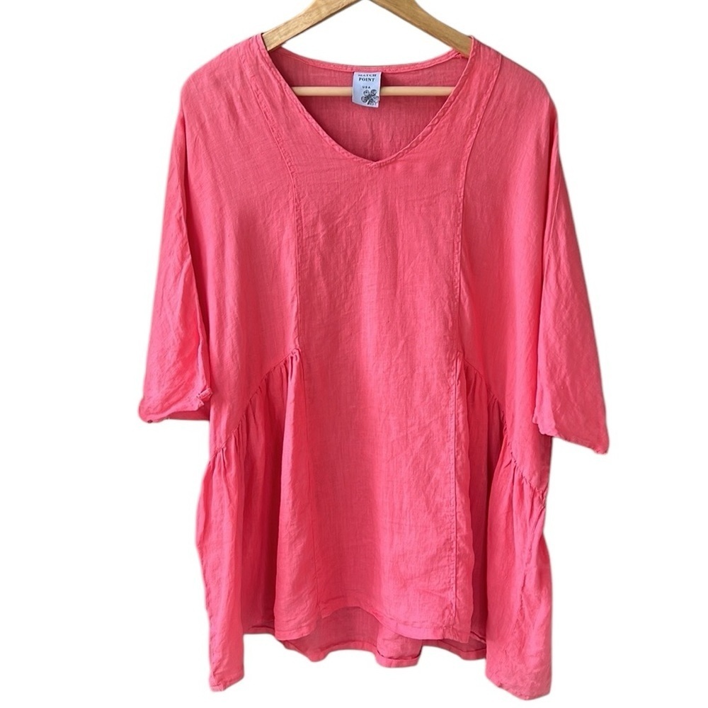 Match Point Coral Size S (6 to 10) 100% Linen V Neck Lagenlook Beachy Tunic Top